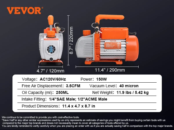VEVOR 1&2 Stage Vacuum Pump 3.5/5/7CFM AC120V Air Conditioning Conditioner Vacuum Pump for HVAC Repair Refrigeration Maintenance