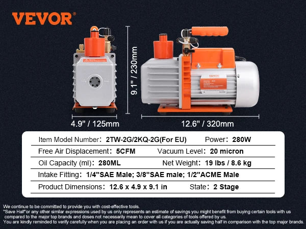 VEVOR 1&2 Stage Vacuum Pump 3.5/5/7CFM AC120V Air Conditioning Conditioner Vacuum Pump for HVAC Repair Refrigeration Maintenance