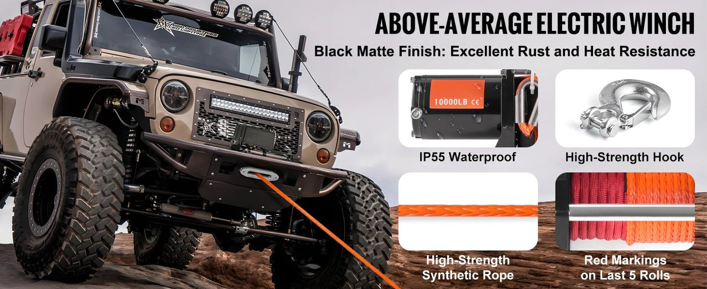 SucceBuy 10,000 lbs 12V Electric Winch – 65ft Synthetic Rope, Wireless & Wired Remote, IP55 Waterproof for Truck, SUV & Jeep Off - Road - Buy at GearForge