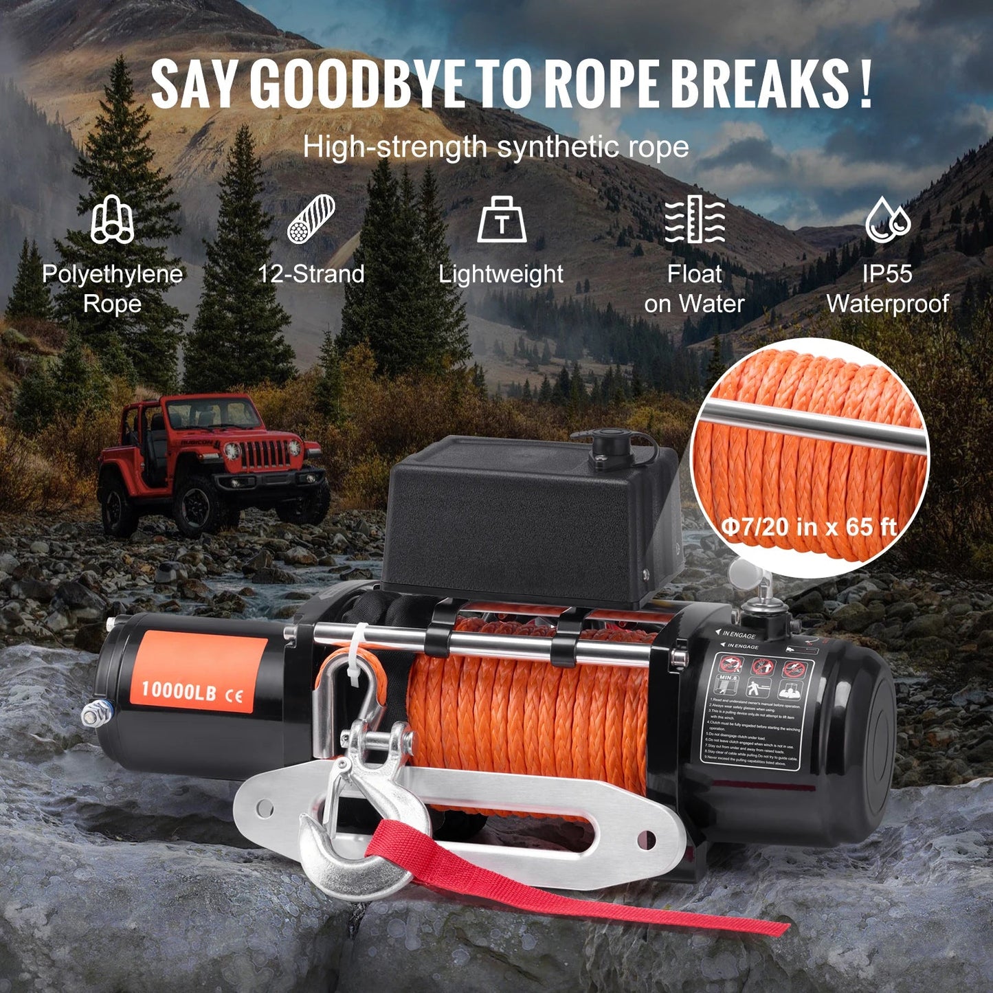 SucceBuy 10,000 lbs 12V Electric Winch – 65ft Synthetic Rope, Wireless & Wired Remote, IP55 Waterproof for Truck, SUV & Jeep Off - Road - Buy at GearForge
