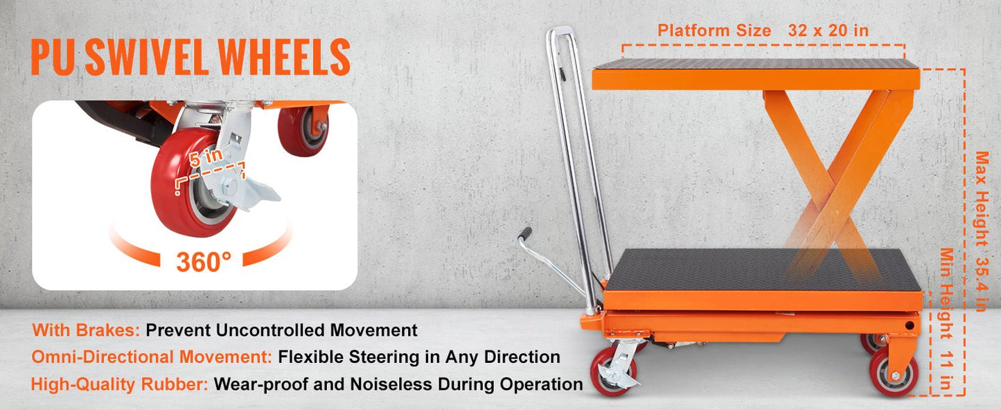 SucceBuy 1100lbs Hydraulic Lift Table Cart Manual Single Scissor 35.4" Lifting Height with 4 Wheels for Handling Transport - Buy at GearForge