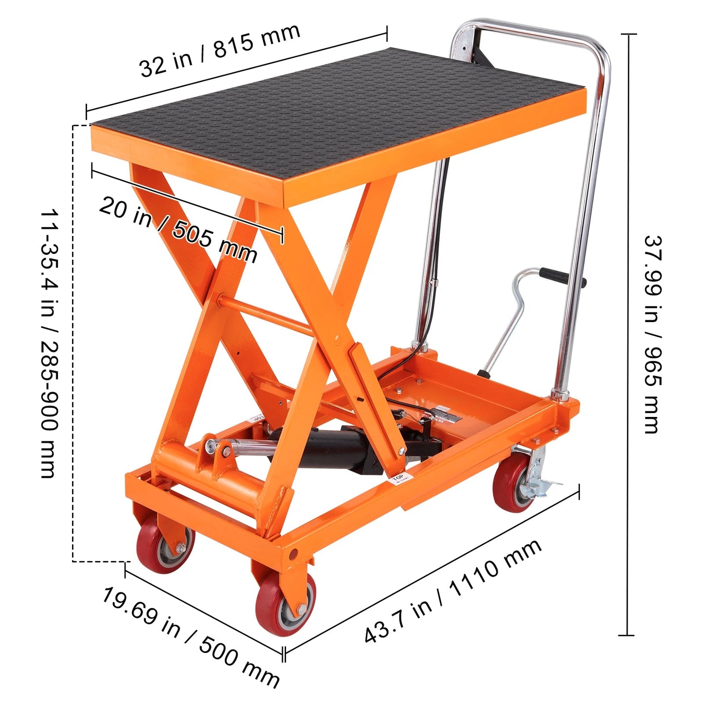 SucceBuy 1100lbs Hydraulic Lift Table Cart Manual Single Scissor 35.4" Lifting Height with 4 Wheels for Handling Transport - Buy at GearForge