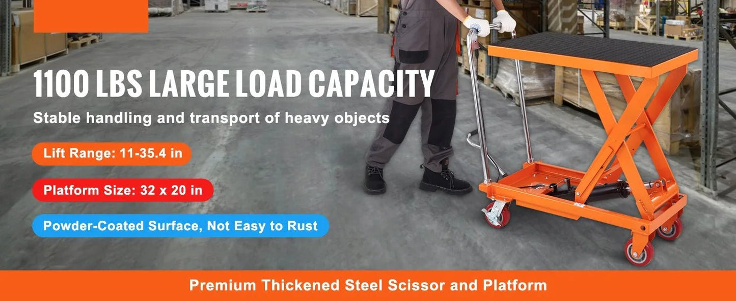 SucceBuy 1100lbs Hydraulic Lift Table Cart Manual Single Scissor 35.4" Lifting Height with 4 Wheels for Handling Transport - Buy at GearForge
