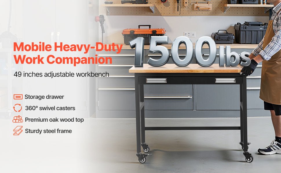 SucceBuy 1500lbs Rolling Workbench with Oak Wood Top & Sliding Drawer Storage – Garage & Workshop Work Table - Buy at GearForge