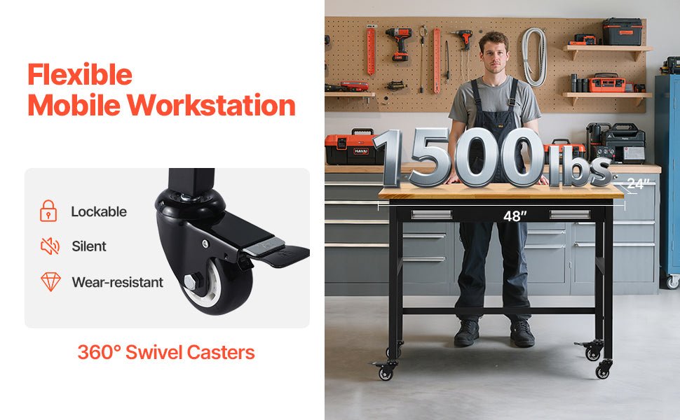 SucceBuy 1500lbs Rolling Workbench with Oak Wood Top & Sliding Drawer Storage – Garage & Workshop Work Table - Buy at GearForge