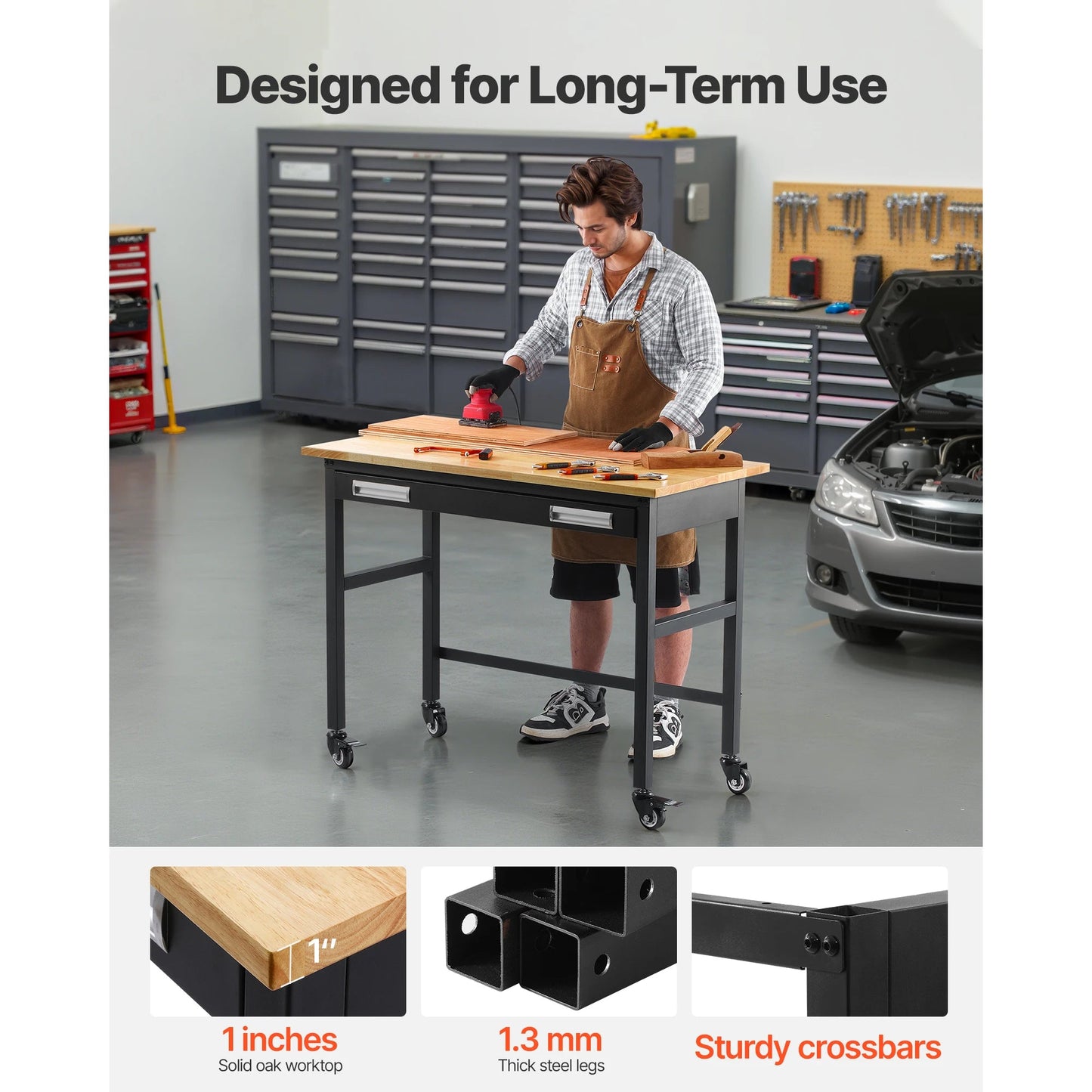SucceBuy 1500lbs Rolling Workbench with Oak Wood Top & Sliding Drawer Storage – Garage & Workshop Work Table - Buy at GearForge