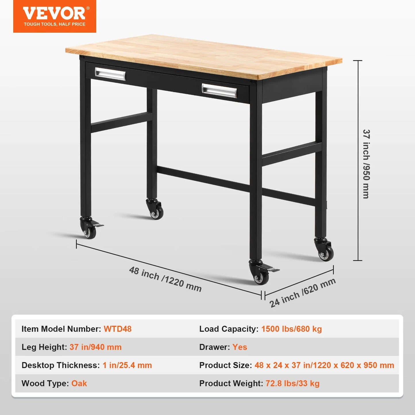 SucceBuy 1500lbs Rolling Workbench with Oak Wood Top & Sliding Drawer Storage – Garage & Workshop Work Table - Buy at GearForge