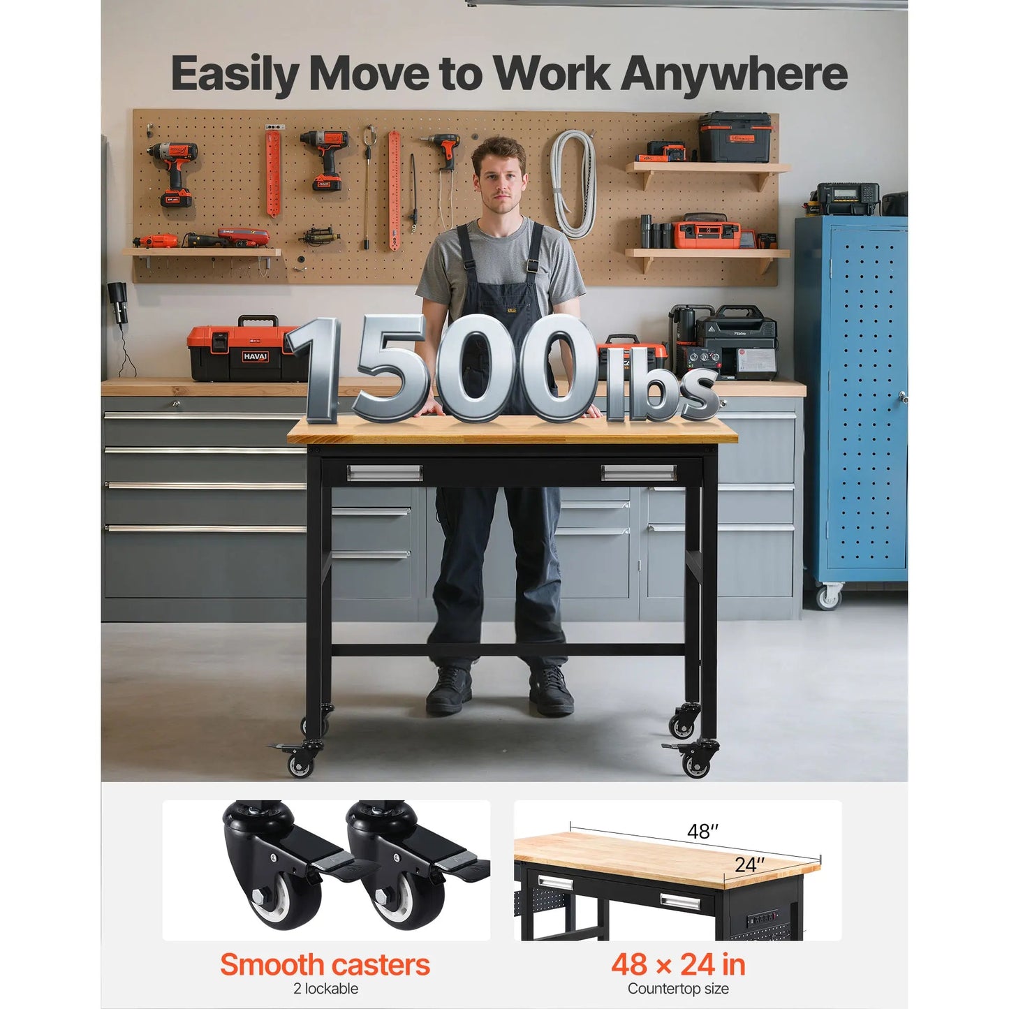 SucceBuy 1500lbs Rolling Workbench with Oak Wood Top & Sliding Drawer Storage – Garage & Workshop Work Table - Buy at GearForge