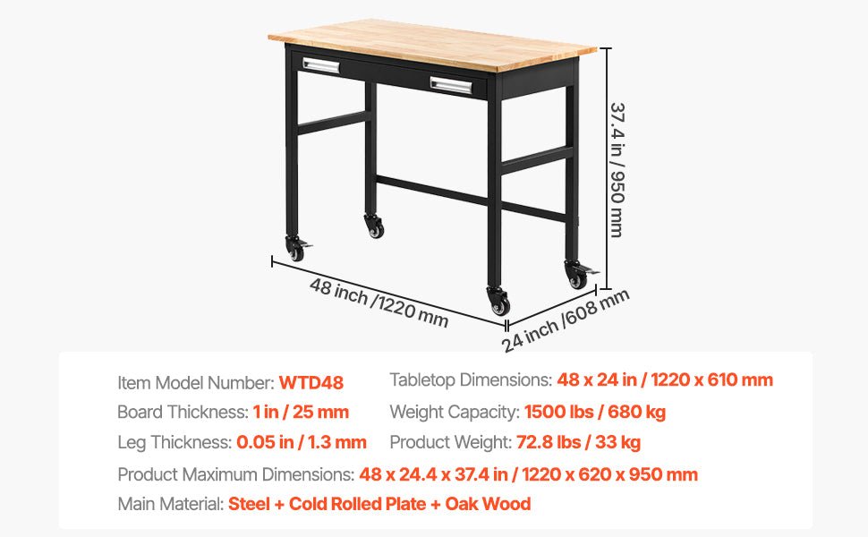 SucceBuy 1500lbs Rolling Workbench with Oak Wood Top & Sliding Drawer Storage – Garage & Workshop Work Table - Buy at GearForge