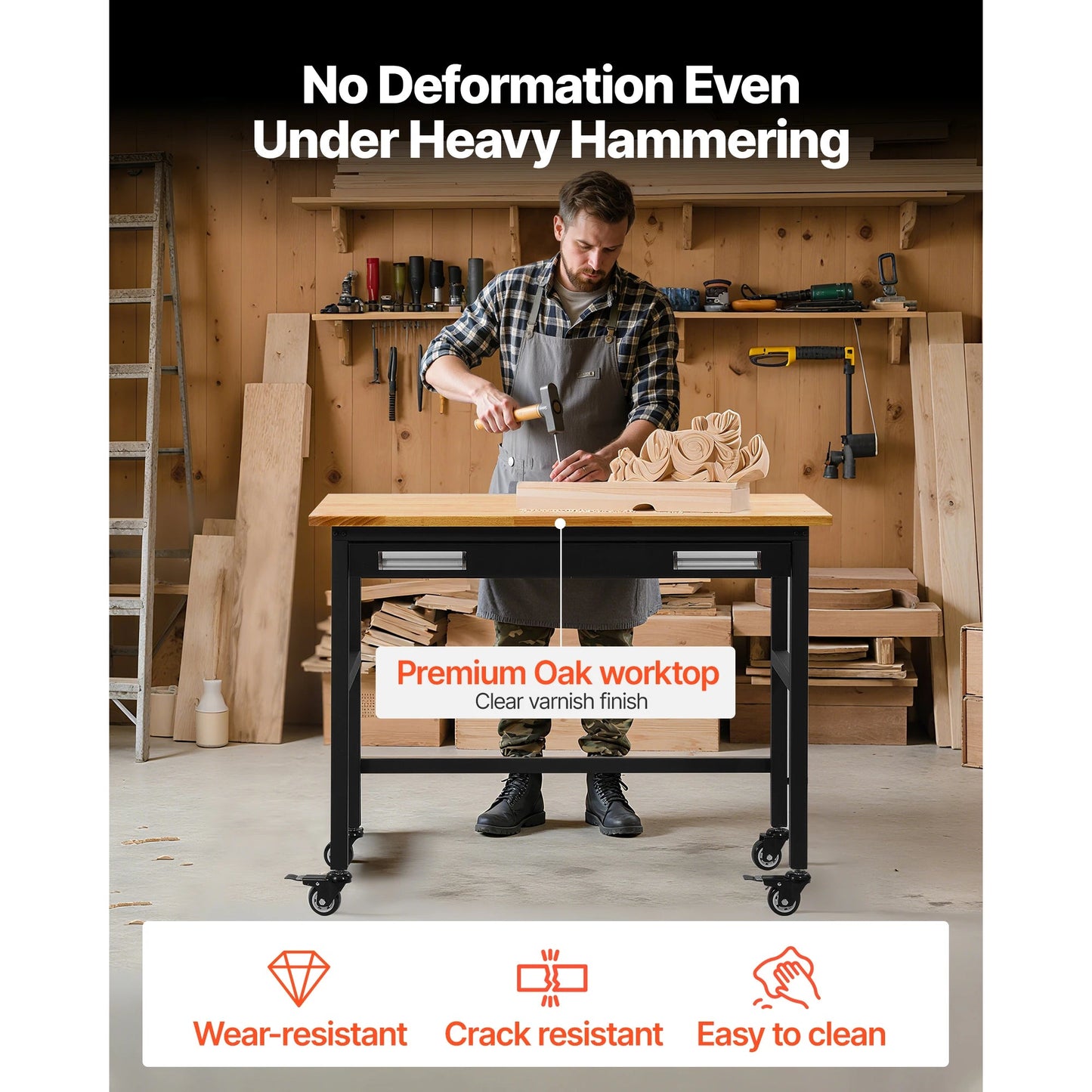 SucceBuy 1500lbs Rolling Workbench with Oak Wood Top & Sliding Drawer Storage – Garage & Workshop Work Table - Buy at GearForge