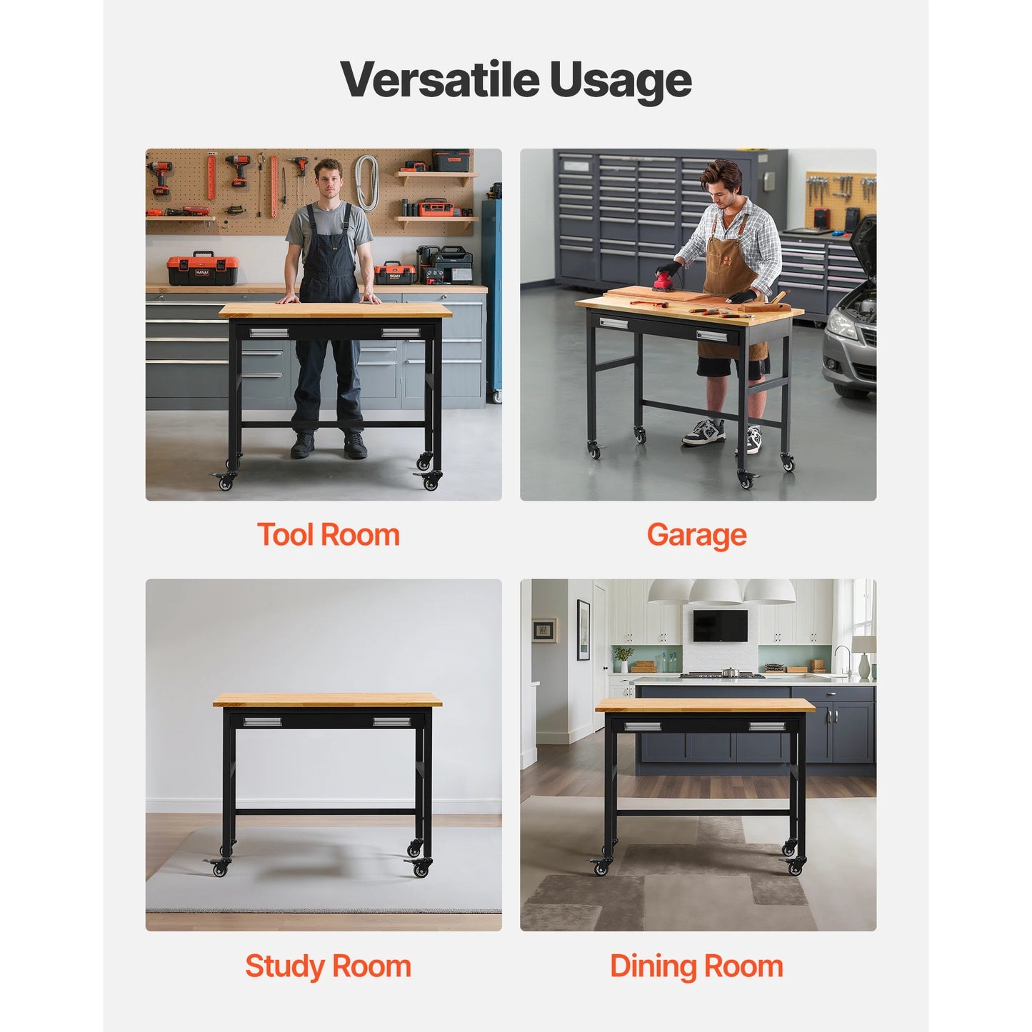 SucceBuy 1500lbs Rolling Workbench with Oak Wood Top & Sliding Drawer Storage – Garage & Workshop Work Table - Buy at GearForge
