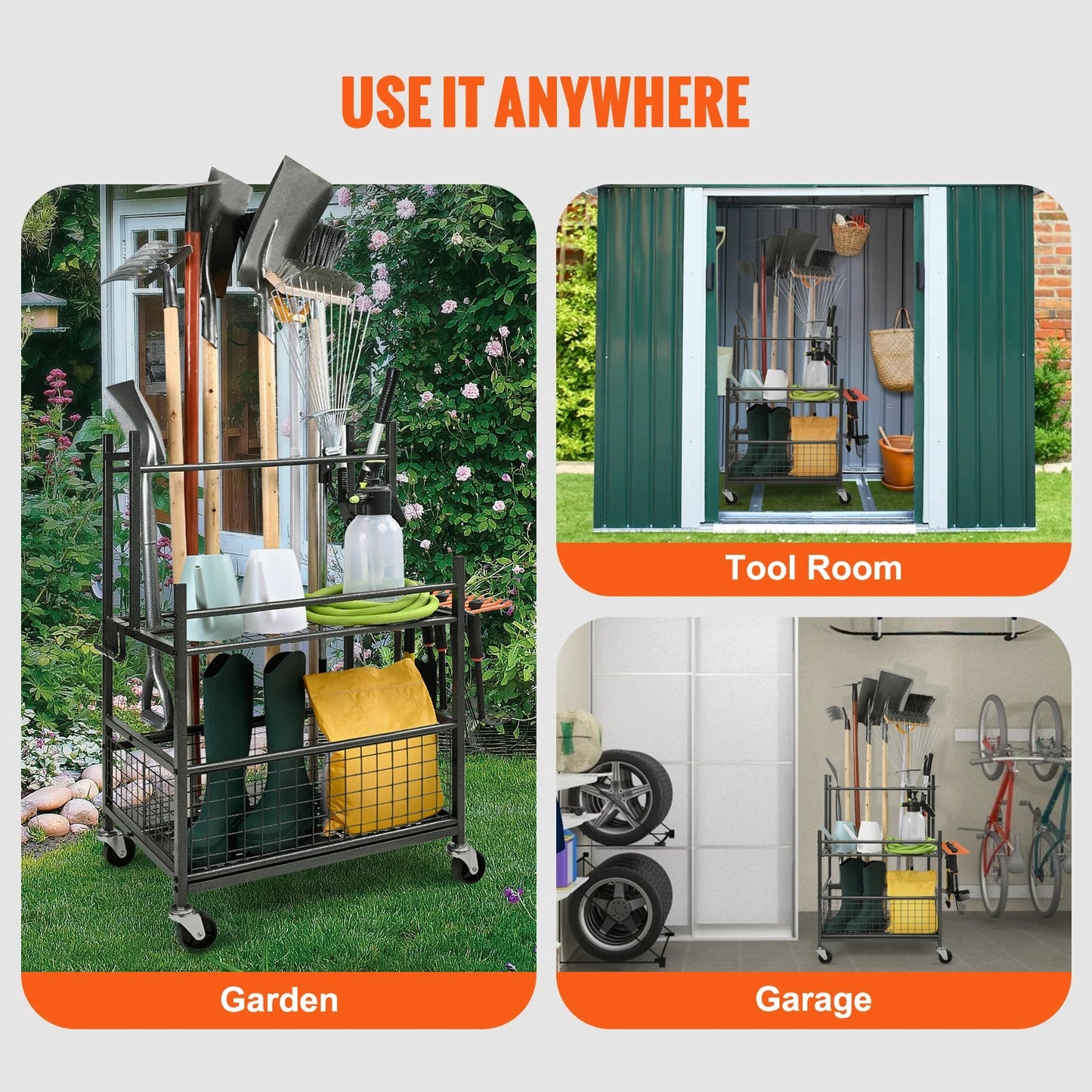 SucceBuy 16 Slots Garden Tool Organizer Yard Tool Tower Rack with Hooks Wheels Long - Handled Rake Stand Holder for Garage Storage - Buy at GearForge