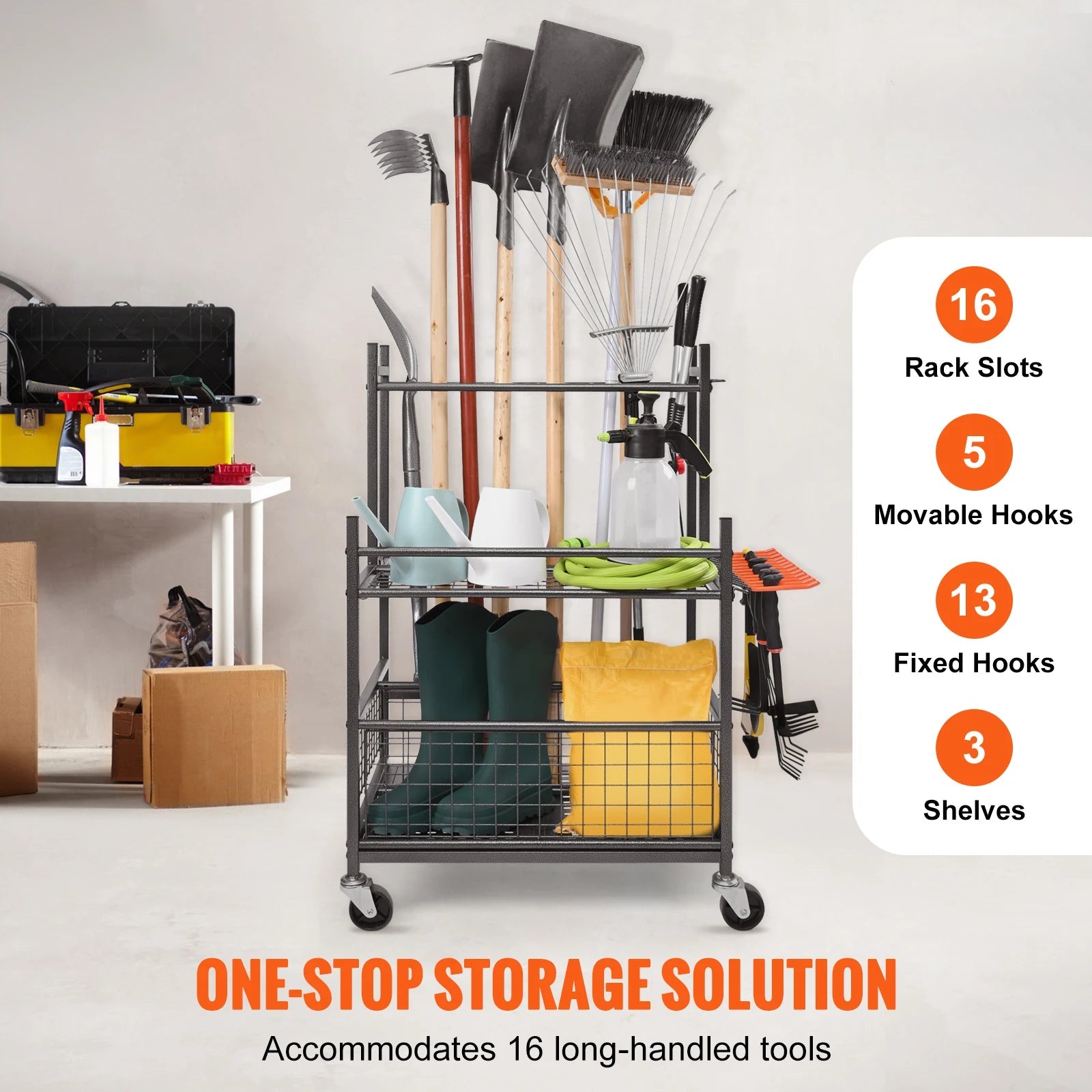 SucceBuy 16 Slots Garden Tool Organizer Yard Tool Tower Rack with Hooks Wheels Long - Handled Rake Stand Holder for Garage Storage - Buy at GearForge