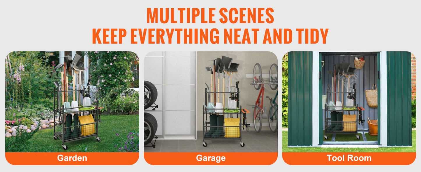 SucceBuy 16 Slots Garden Tool Organizer Yard Tool Tower Rack with Hooks Wheels Long - Handled Rake Stand Holder for Garage Storage - Buy at GearForge