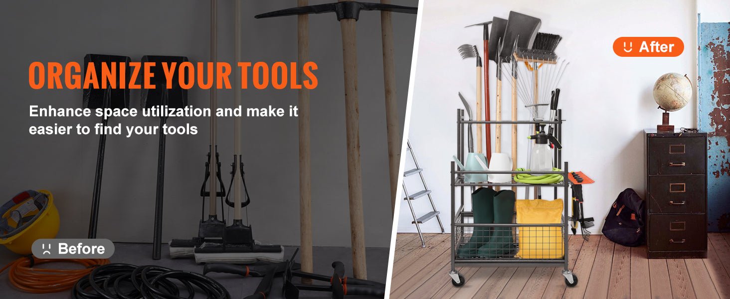 SucceBuy 16 Slots Garden Tool Organizer Yard Tool Tower Rack with Hooks Wheels Long - Handled Rake Stand Holder for Garage Storage - Buy at GearForge