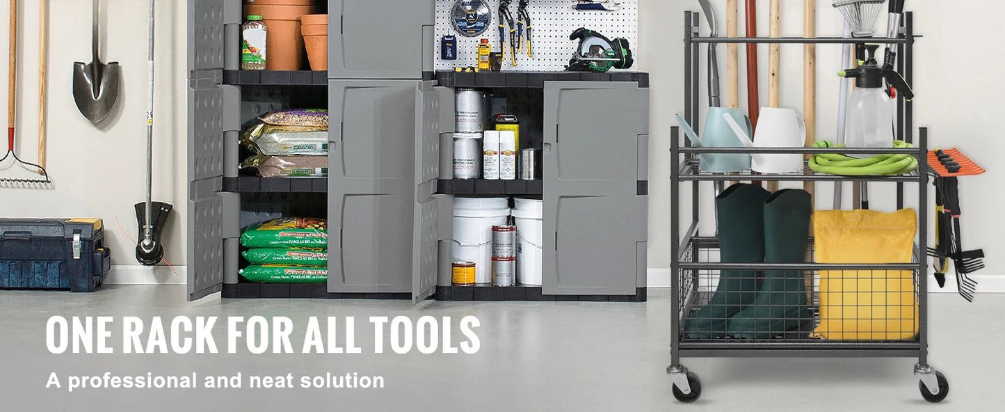 SucceBuy 16 Slots Garden Tool Organizer Yard Tool Tower Rack with Hooks Wheels Long - Handled Rake Stand Holder for Garage Storage - Buy at GearForge