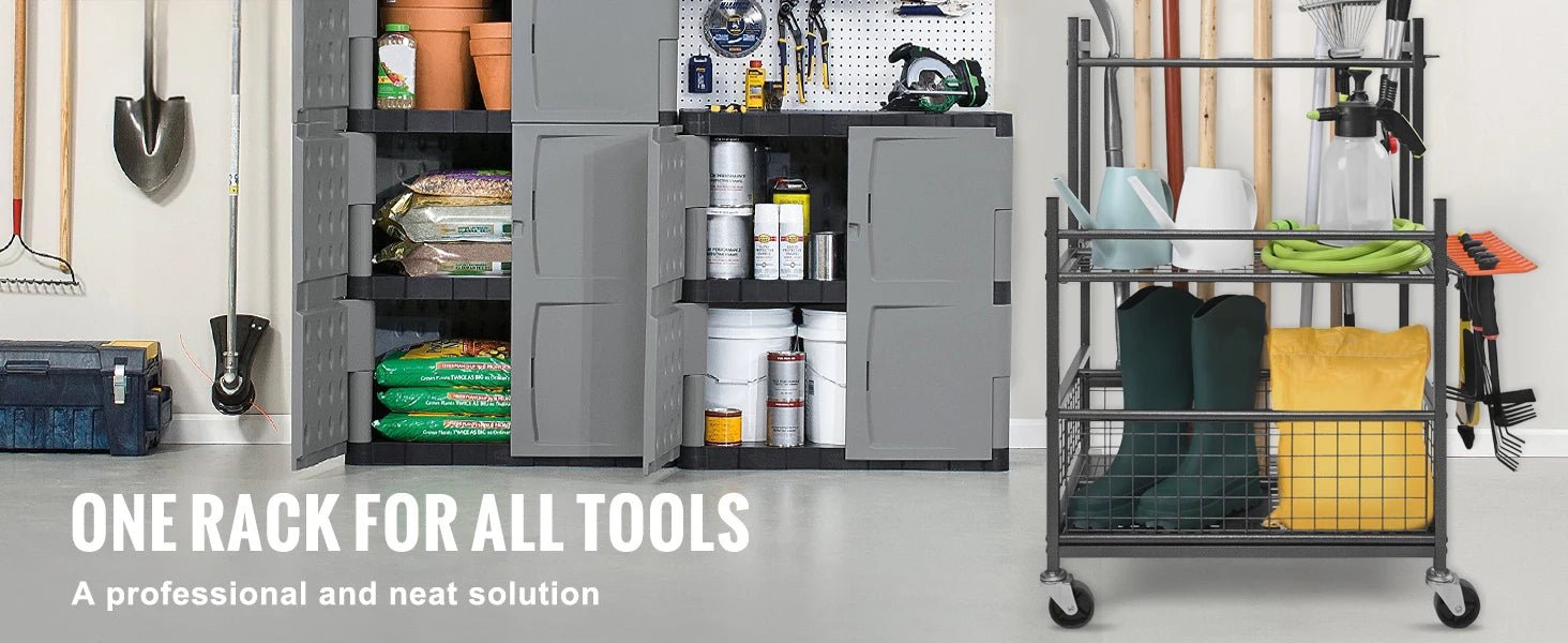 SucceBuy 16 Slots Garden Tool Organizer Yard Tool Tower Rack with Hooks Wheels Long - Handled Rake Stand Holder for Garage Storage - Buy at GearForge