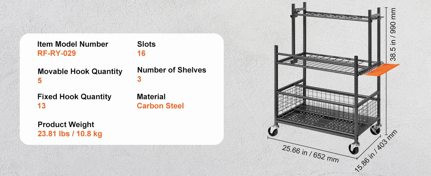 SucceBuy 16 Slots Garden Tool Organizer Yard Tool Tower Rack with Hooks Wheels Long - Handled Rake Stand Holder for Garage Storage - Buy at GearForge