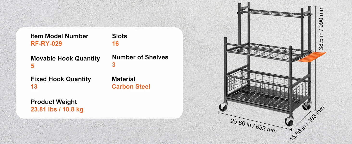 SucceBuy 16 Slots Garden Tool Organizer Yard Tool Tower Rack with Hooks Wheels Long - Handled Rake Stand Holder for Garage Storage - Buy at GearForge