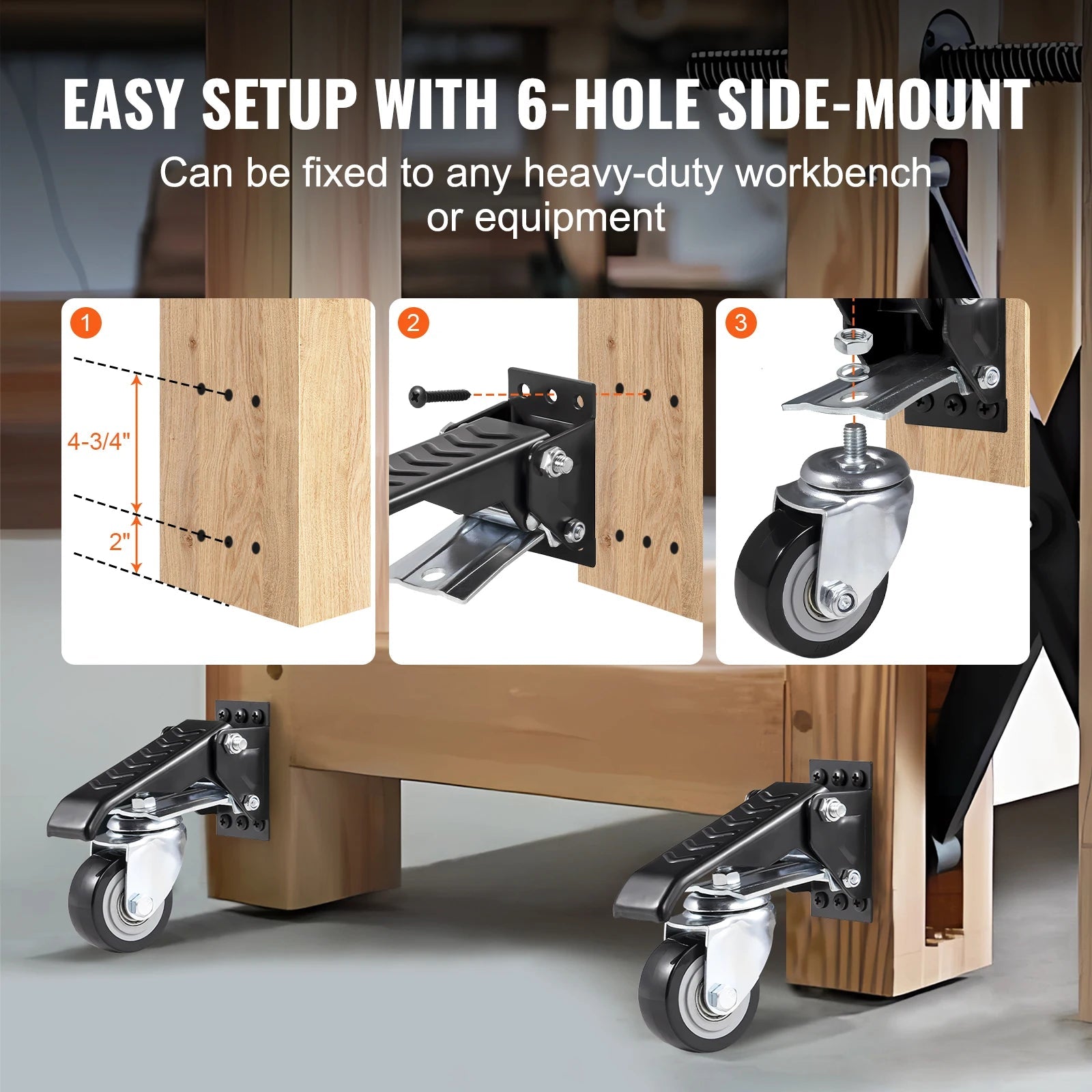 SucceBuy 165 lbs 2.5" Workbench Caster Wheels – Set of 4, Side - Mounted, 360° Swivel Retractable Stepdown Wheels - Buy at GearForge