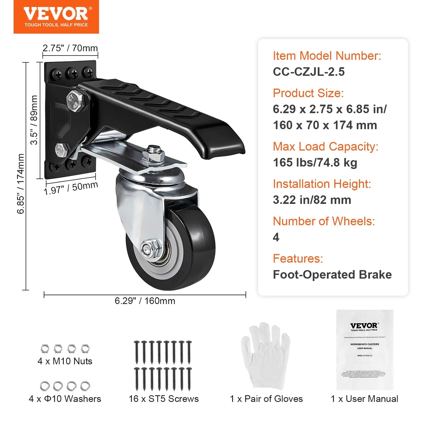 SucceBuy 165 lbs 2.5" Workbench Caster Wheels – Set of 4, Side - Mounted, 360° Swivel Retractable Stepdown Wheels - Buy at GearForge