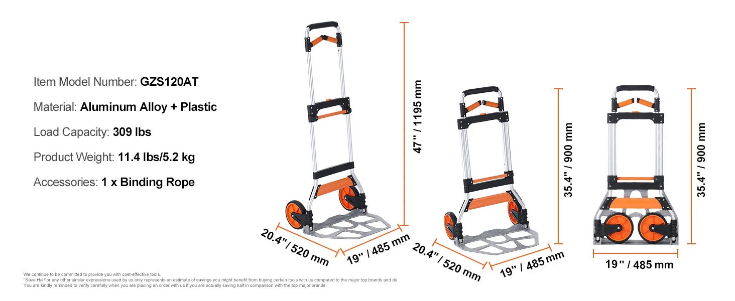 SucceBuy 275/309 lbs Folding Hand Truck Portable Unity Cart Dolly with Telescoping Handle and Binding Rope for Moving Warehouse - Buy at GearForge