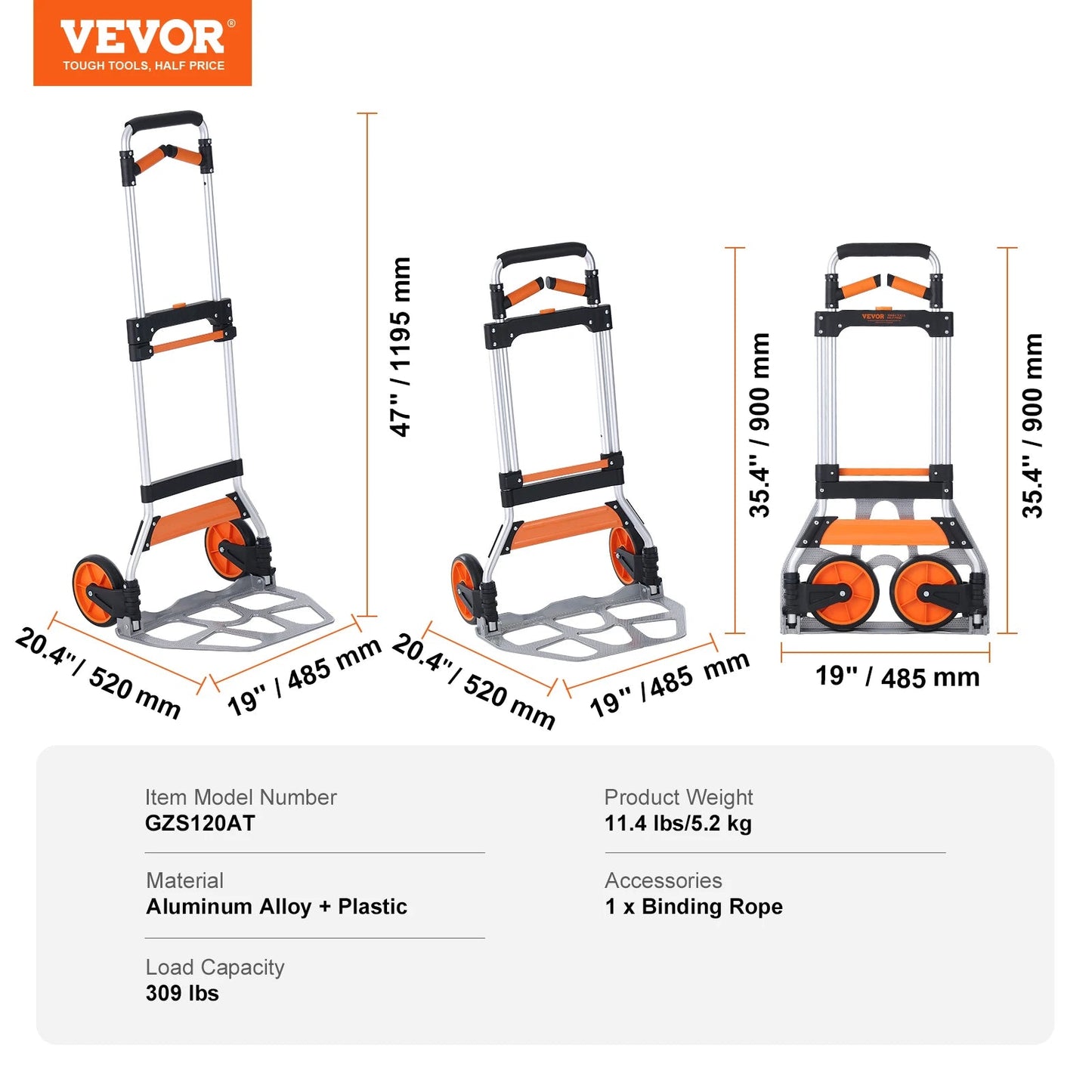 SucceBuy 275/309 lbs Folding Hand Truck Portable Unity Cart Dolly with Telescoping Handle and Binding Rope for Moving Warehouse - Buy at GearForge