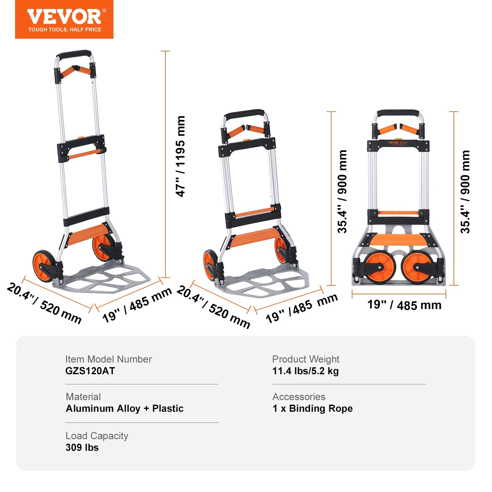SucceBuy 275/309 lbs Folding Hand Truck Portable Unity Cart Dolly with Telescoping Handle and Binding Rope for Moving Warehouse - Buy at GearForge