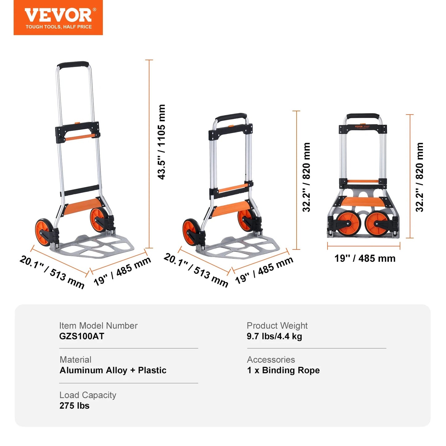 SucceBuy 275/309 lbs Folding Hand Truck Portable Unity Cart Dolly with Telescoping Handle and Binding Rope for Moving Warehouse - Buy at GearForge