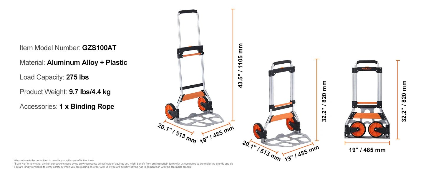 SucceBuy 275/309 lbs Folding Hand Truck Portable Unity Cart Dolly with Telescoping Handle and Binding Rope for Moving Warehouse - Buy at GearForge
