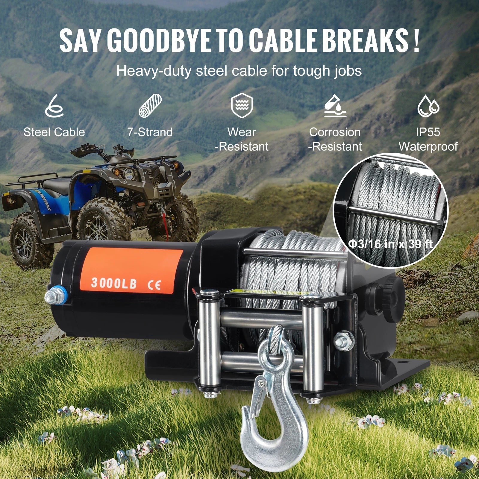 SucceBuy 3000lbs 12V Electric ATV/UTV Winch – Steel Cable, 39ft Rope, Roller Fairlead & Wired Remote - Buy at GearForge