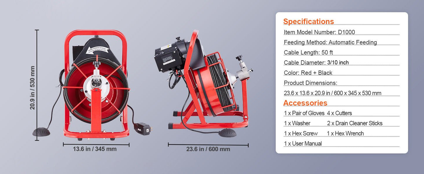 SucceBuy 50FT Electric Drain Cleaner Machine – Automatic Sewer Snake Auger with 4 Cutters (3/8" Cable, 2–4" Pipes) - Buy at GearForge
