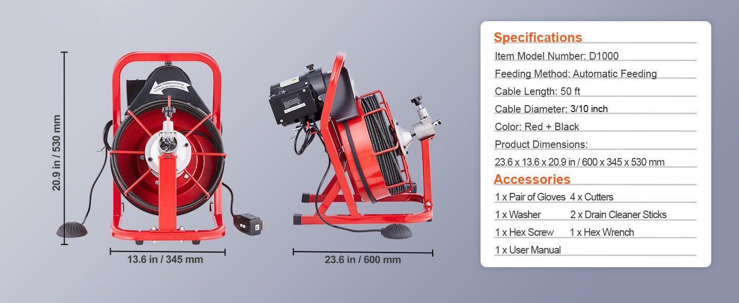 SucceBuy 50FT Electric Drain Cleaner Machine – Automatic Sewer Snake Auger with 4 Cutters (3/8" Cable, 2–4" Pipes) - Buy at GearForge