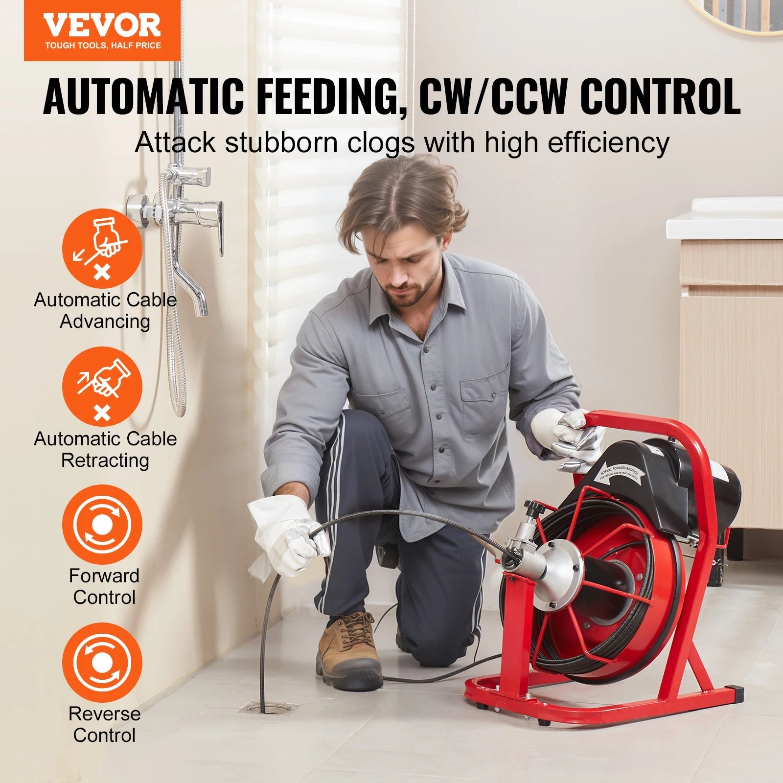 SucceBuy 50FT Electric Drain Cleaner Machine – Automatic Sewer Snake Auger with 4 Cutters (3/8" Cable, 2–4" Pipes) - Buy at GearForge