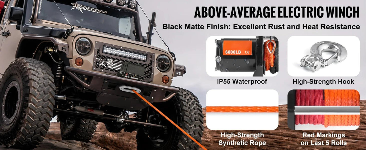 SucceBuy 6000lbs Electric Winch Car Truck Winch with 1/4 in 55 ft Synthetic Rope Wireless/Wired for Towing SUV Jeep Trailer Boat - Buy at GearForge