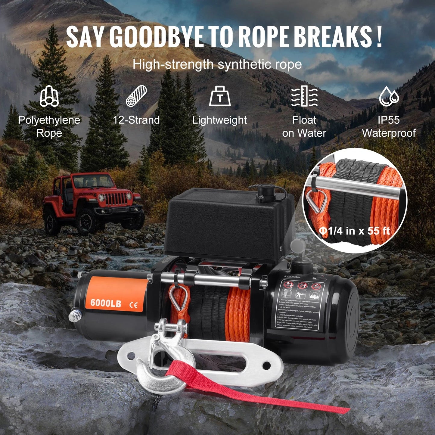 SucceBuy 6000lbs Electric Winch Car Truck Winch with 1/4 in 55 ft Synthetic Rope Wireless/Wired for Towing SUV Jeep Trailer Boat - Buy at GearForge