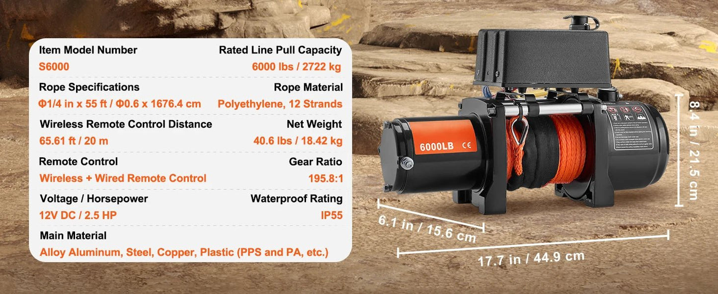 SucceBuy 6000lbs Electric Winch Car Truck Winch with 1/4 in 55 ft Synthetic Rope Wireless/Wired for Towing SUV Jeep Trailer Boat - Buy at GearForge