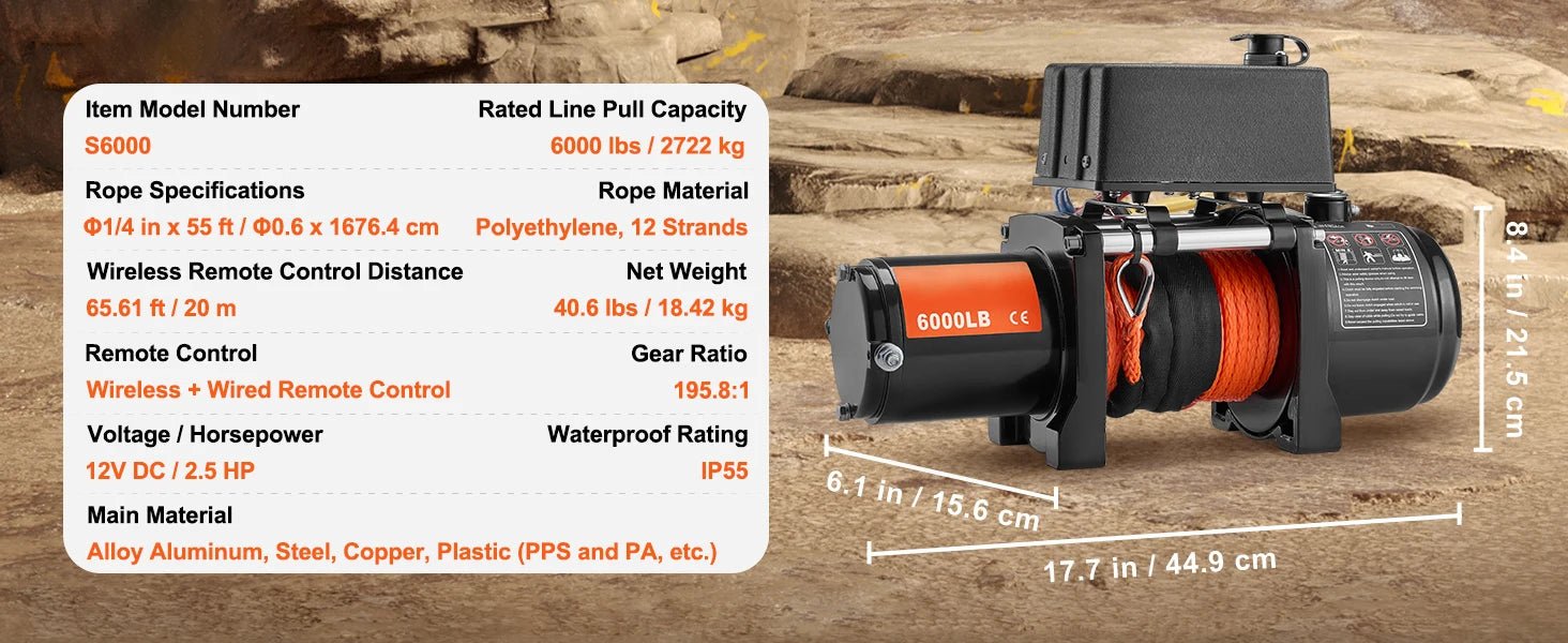 SucceBuy 6000lbs Electric Winch Car Truck Winch with 1/4 in 55 ft Synthetic Rope Wireless/Wired for Towing SUV Jeep Trailer Boat - Buy at GearForge