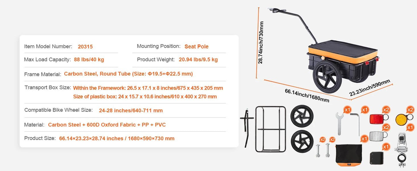 SucceBuy 88Lbs Bike Cargo Trailer Bicycle Wagon Cart Foldable Storage with 16" Wheels & Safe Reflectors Fits 24" - 28" Bike Wheels - Buy at GearForge