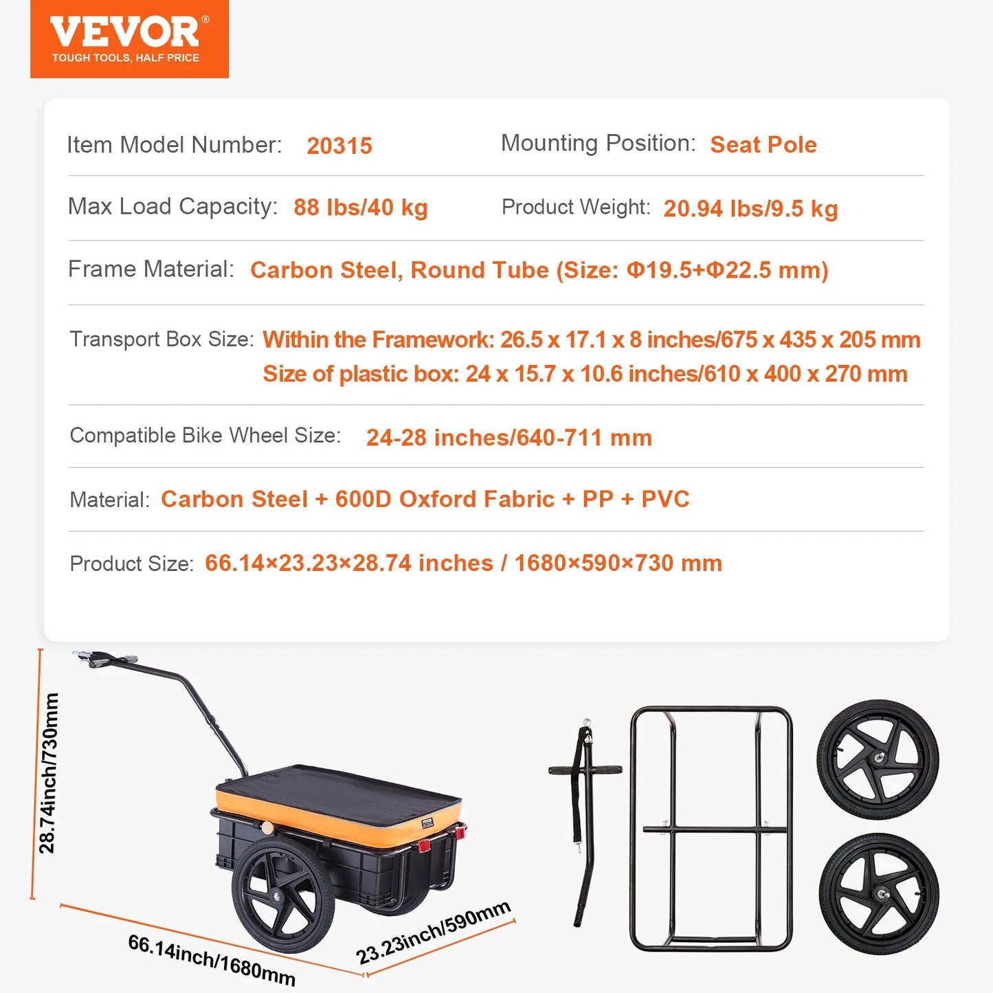 SucceBuy 88Lbs Bike Cargo Trailer Bicycle Wagon Cart Foldable Storage with 16" Wheels & Safe Reflectors Fits 24" - 28" Bike Wheels - Buy at GearForge