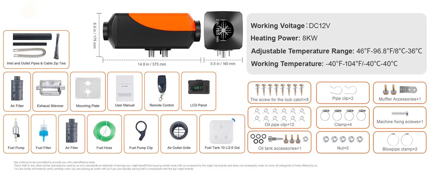 SucceBuy 8KW Diesel Air Heater Bluetooth All - on - one Diesel Heater with LCD Portable Parking Heater for Trailer Camper Van Boat - Buy at GearForge