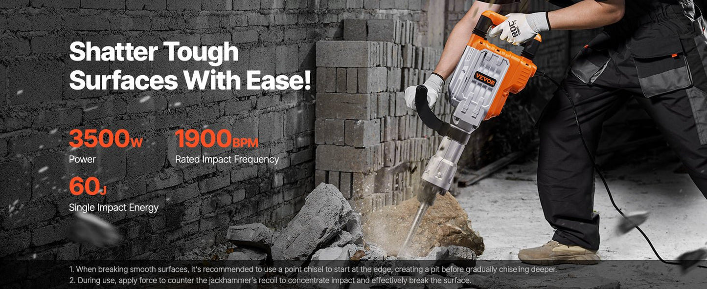 SucceBuy Demolition Jack Hammer 1500W/2200W/3500W Jack Hammer Concrete Breaker Heavy Duty Electric Jack Hammer 2/4pcs Chisel - Buy at GearForge