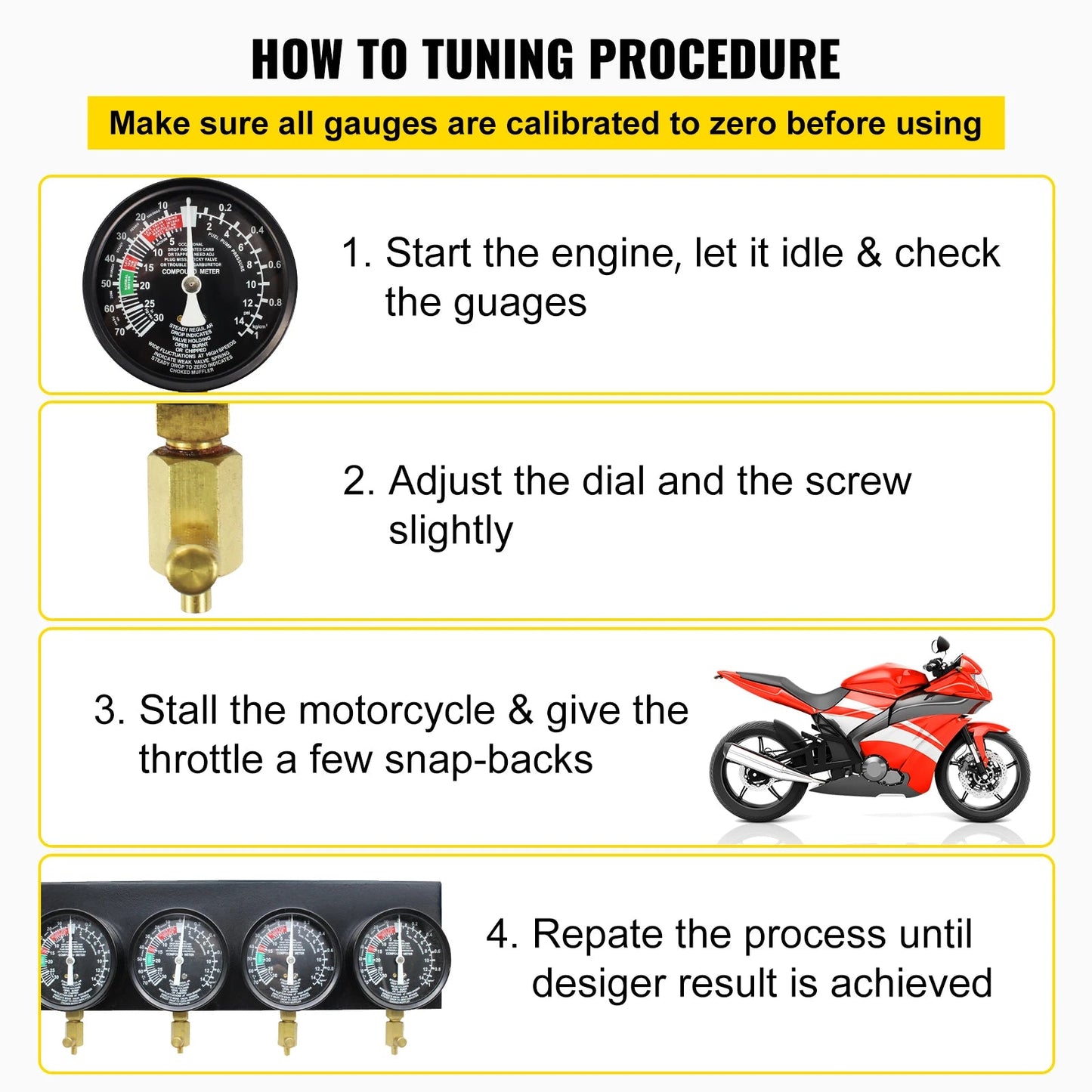 SucceBuy Fuel Vacuum Carburetor Synchronizer Carb Tool sync 4 Gauge Set with Rubber Hose Vacuum Balancer Meter Kit For Motorbike - Buy at GearForge