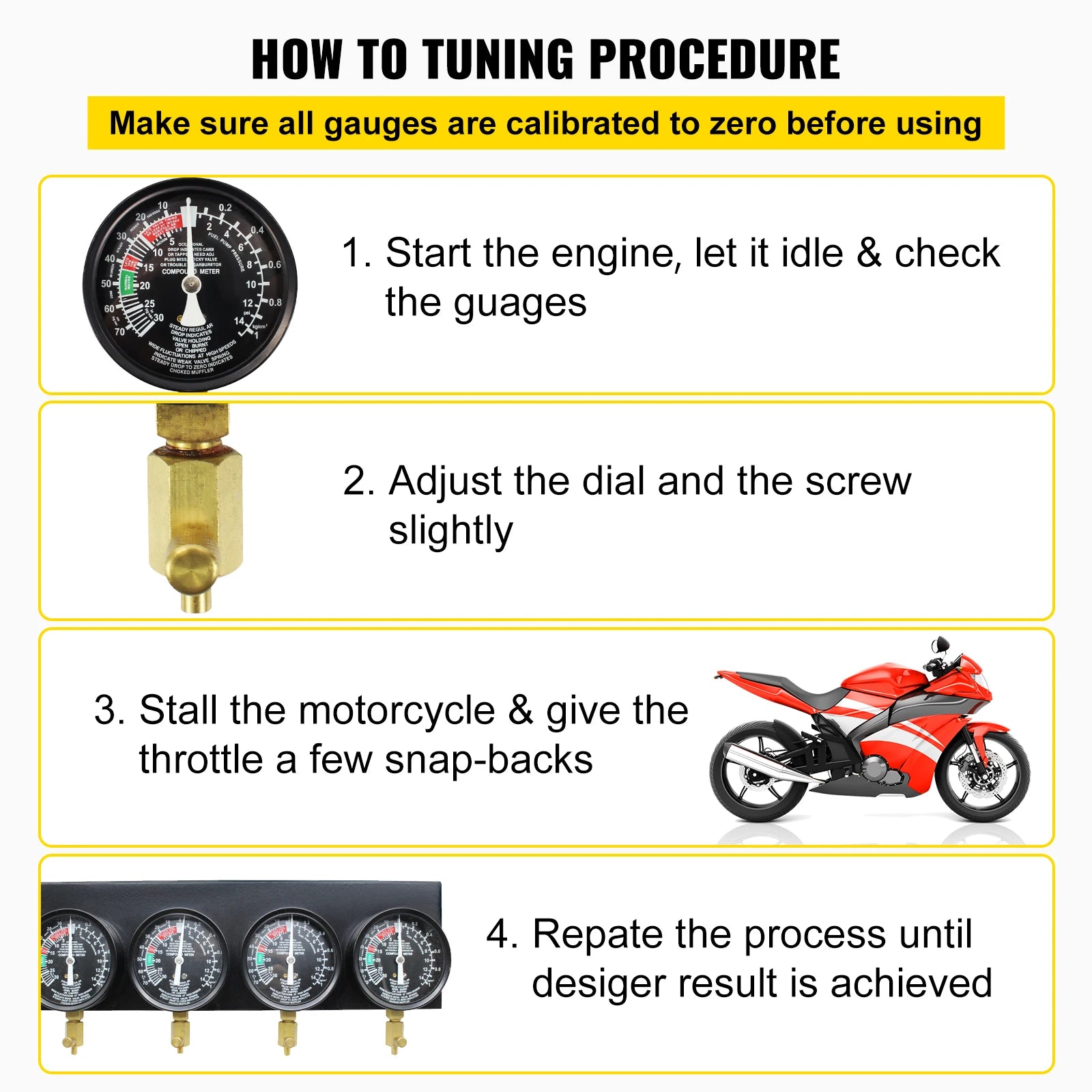SucceBuy Fuel Vacuum Carburetor Synchronizer Carb Tool sync 4 Gauge Set with Rubber Hose Vacuum Balancer Meter Kit For Motorbike - Buy at GearForge