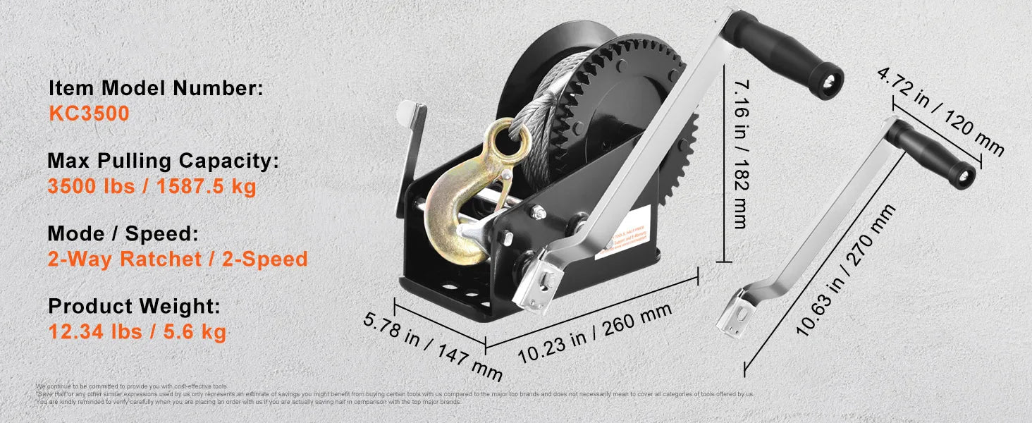 SucceBuy Hand Winch Heavy Duty Rope Crank with 33 ft Steel Wire Cable and Two - Way Ratchet for Trailer Boat or ATV Towing - Buy at GearForge