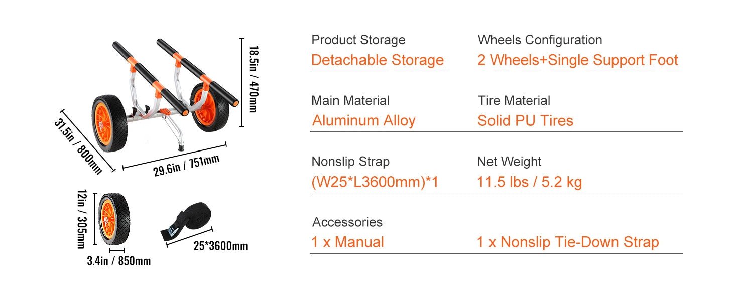 SucceBuy Kayak Cart 450lbs Detachable Canoe Trolley Cart with 12'' Tires Adjustable Width for Paddleboards Float Mats Jon Boats - Buy at GearForge