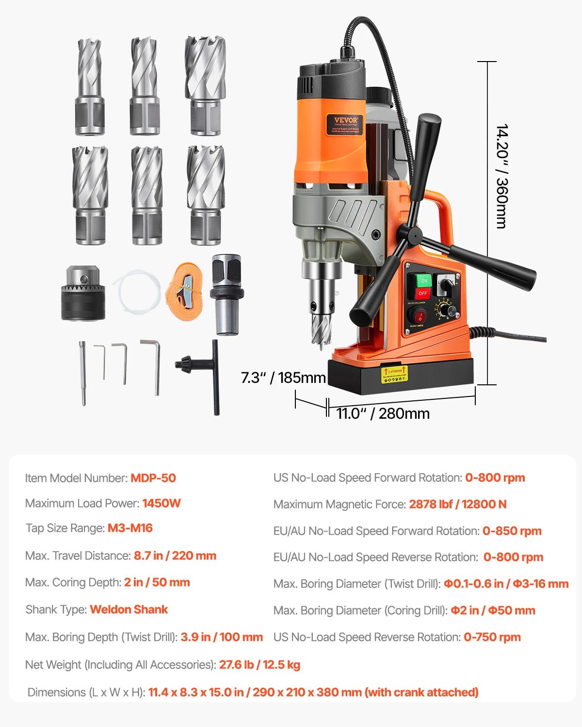 SucceBuy Magnetic Drill 1450W Motor Boring Diameter 2810 lbf Portable Electric Mag Drill Press Variable Speed Drilling Machine - Buy at GearForge
