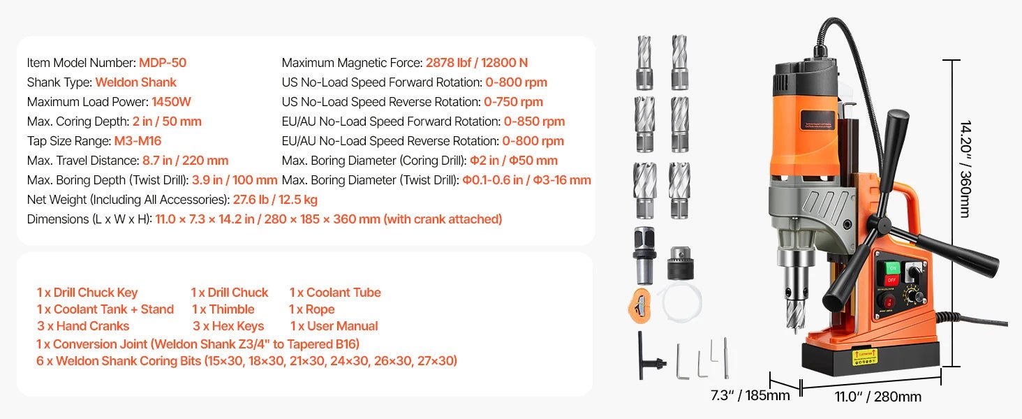 SucceBuy Magnetic Drill 1450W Motor Boring Diameter 2810 lbf Portable Electric Mag Drill Press Variable Speed Drilling Machine - Buy at GearForge