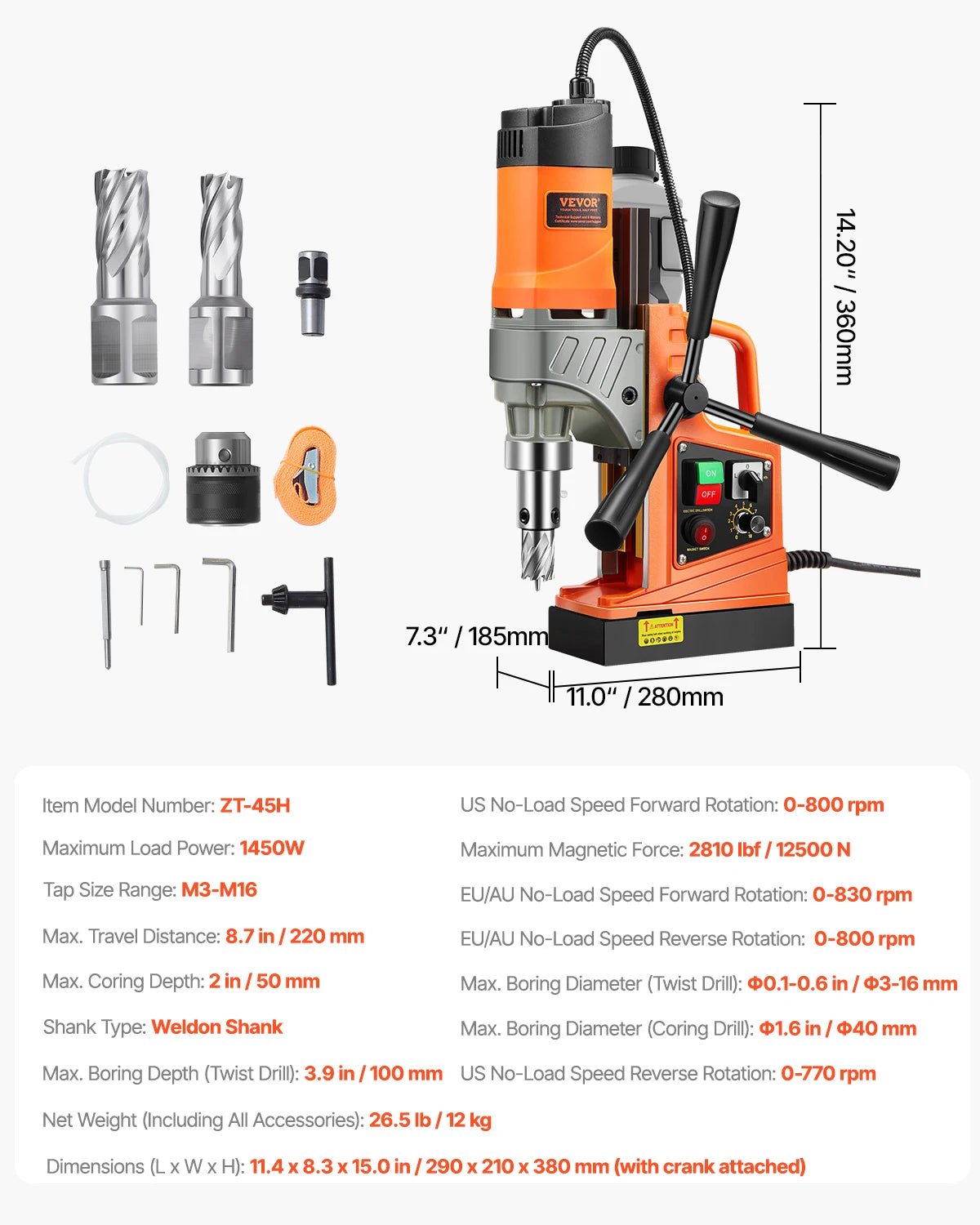 SucceBuy Magnetic Drill 1450W Motor Boring Diameter 2810 lbf Portable Electric Mag Drill Press Variable Speed Drilling Machine - Buy at GearForge