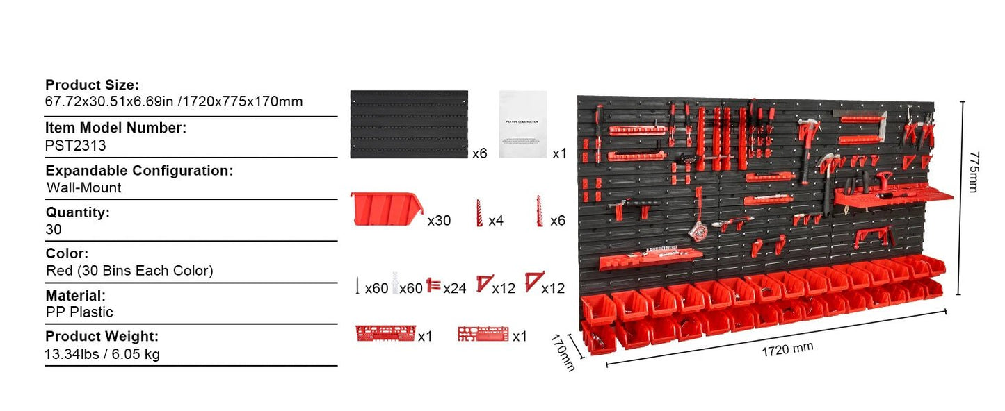 SucceBuy Wall Mounted Storage Bins Rack Organizer – 30/48 Plastic Parts Bins with Wall Panels & Hooks for Garage, Workshop, Tools, Screws & Nails - Buy at GearForge